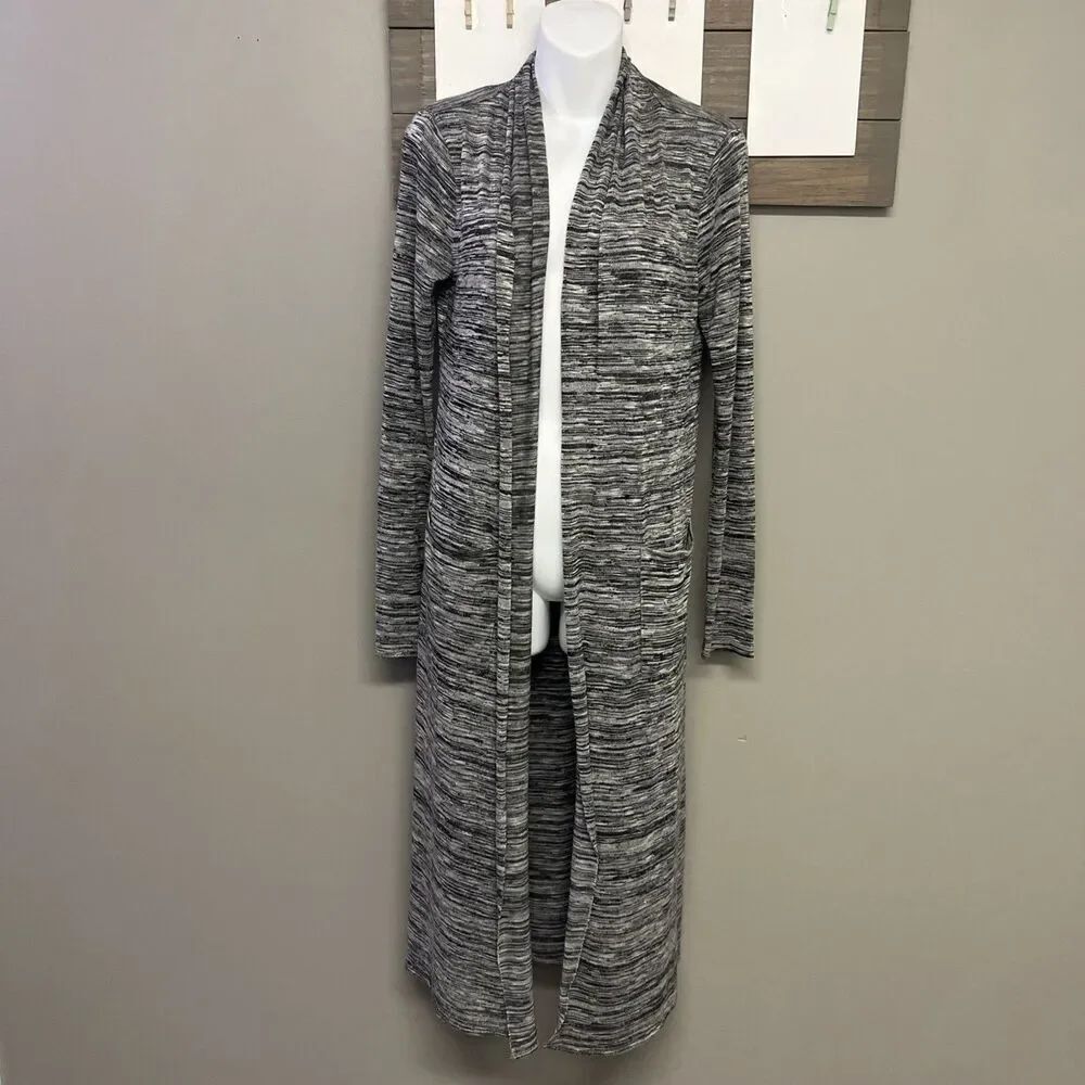 White House Black Market Heather Black Creamy White Open Front Long Cardigan- Me